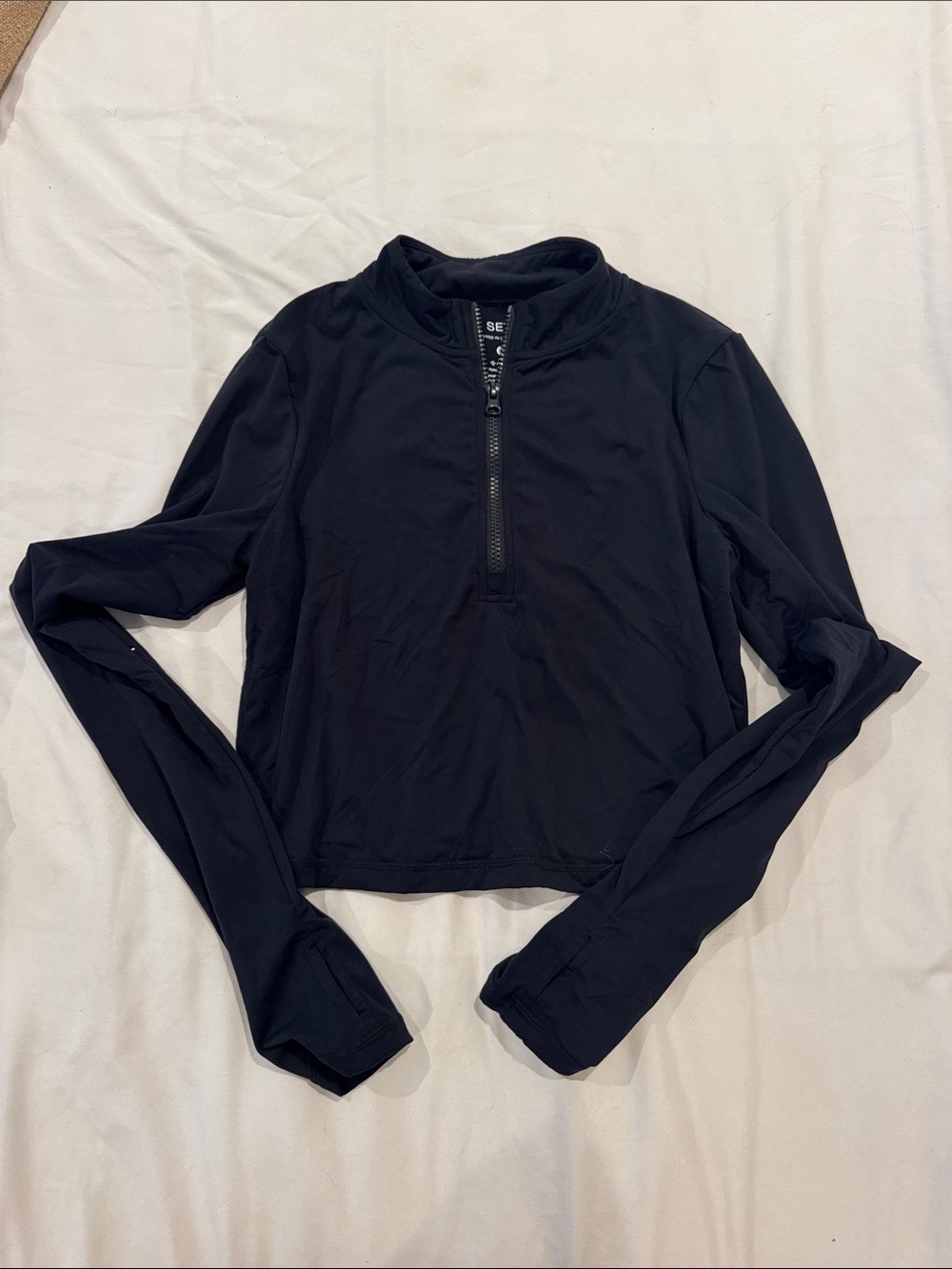 SET Active Airluxe Black Long-Sleeve Half-Zip Performance Crop Top w Thumbholes